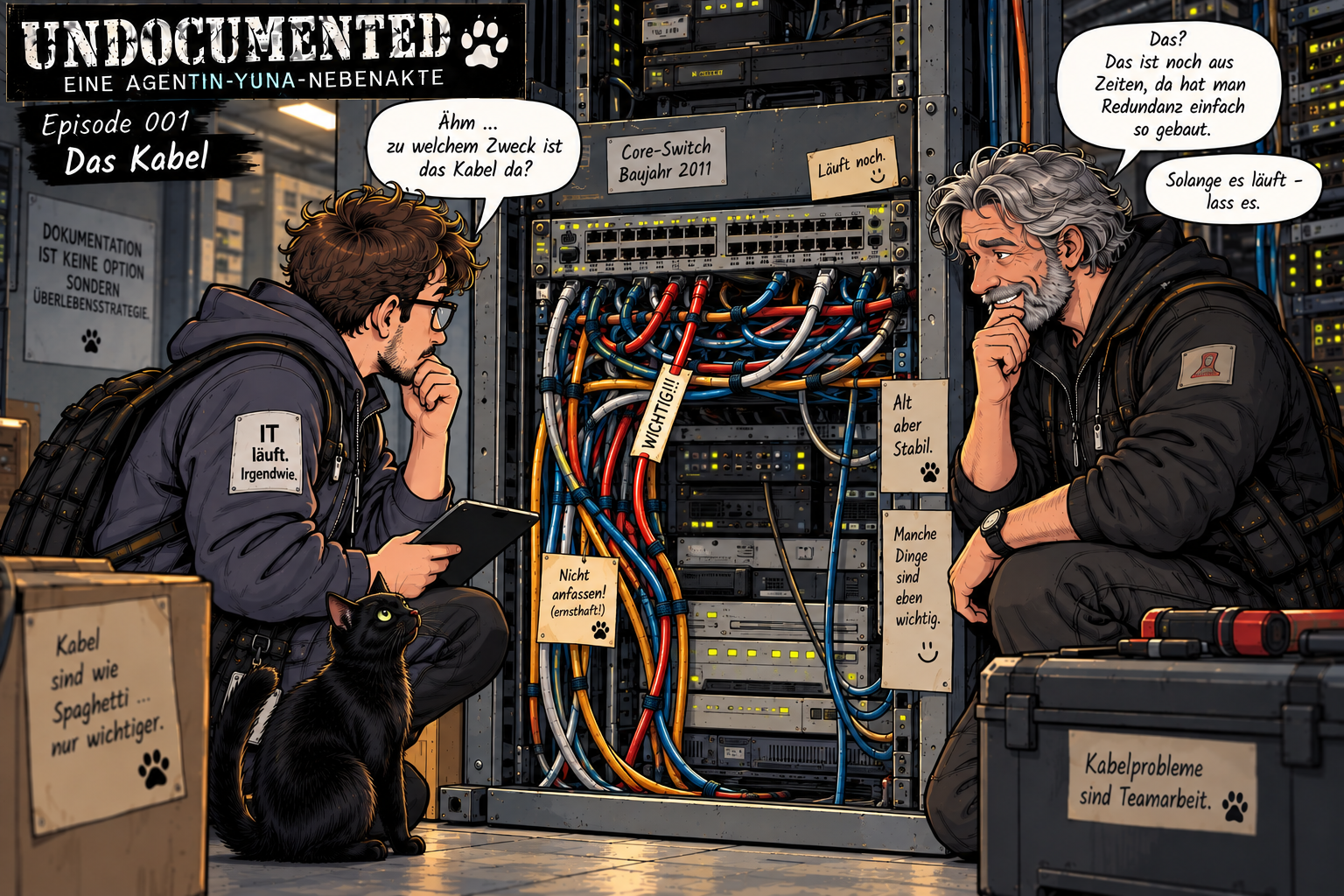 Die Techniker untersuchen ein unbekanntes und als wichtig markiertes Kabel, während Yuna aufmerksam zusieht.