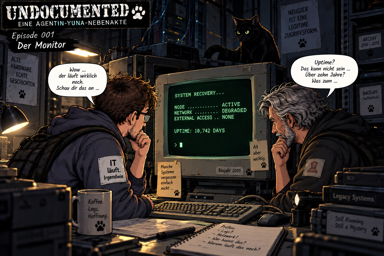 Ein alter Röhrenmonitor zeigt den Status eines seit vielen Jahren laufenden unbekannten Systems.