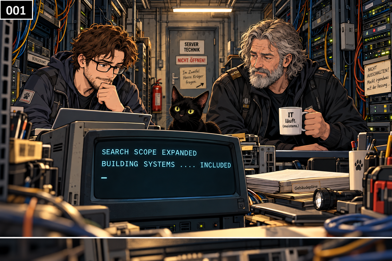 Der Neue und der Veteran stehen mit Yuna vor dem alten Terminal. Das Legacy-System hat seinen Suchbereich auf die Gebäudetechnik erweitert.