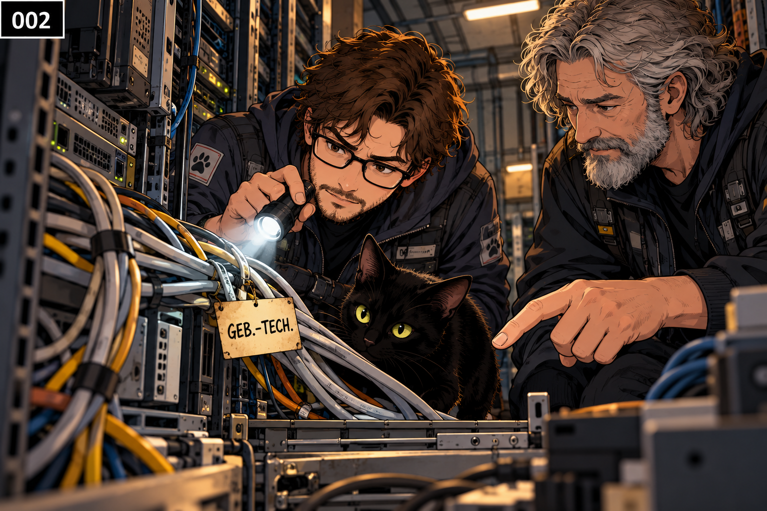 Die beiden Techniker untersuchen mehrere alte graue Leitungen hinter einem Rack. Eine davon trägt ein vergilbtes Schild mit der Aufschrift GEB.-TECH. Yuna beobachtet die Untersuchung.