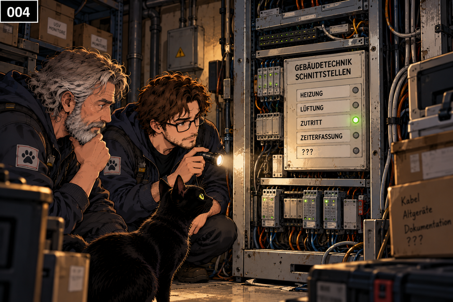 In einem kleinen Technikraum untersuchen die Techniker einen alten Schaltschrank der Gebäudetechnik. Ein Beschriftungsfeld nennt Heizung, Lüftung, Zutritt, Zeiterfassung und einen unbekannten Anschluss mit drei Fragezeichen.