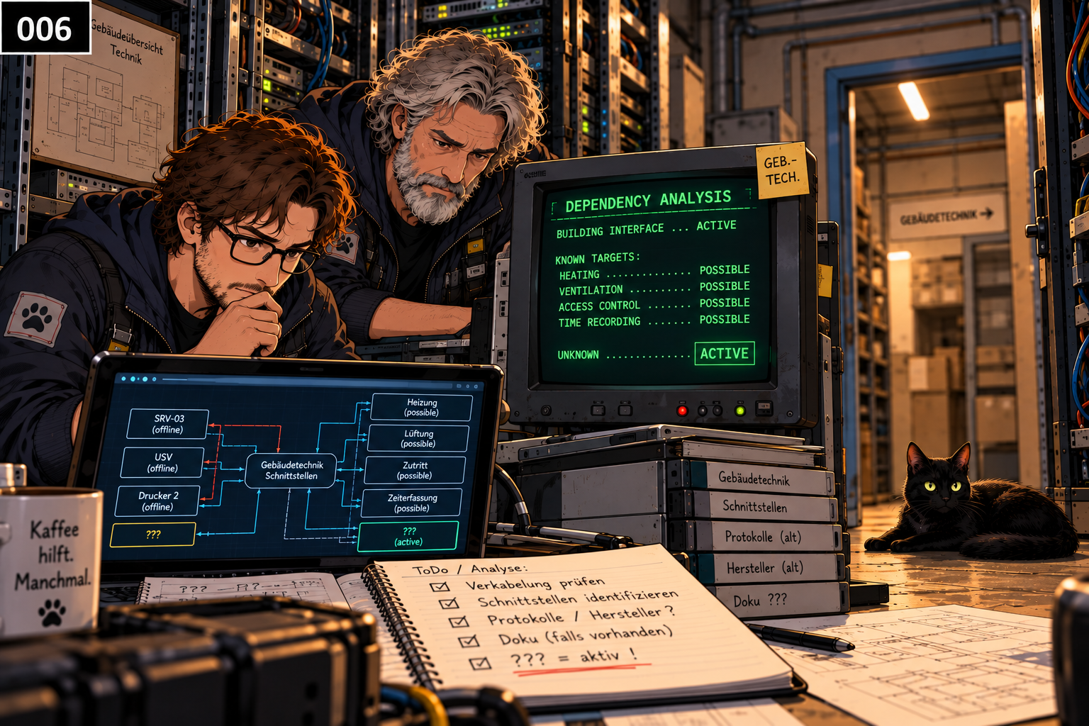 Der Neue und der Veteran vergleichen ein umfangreiches Abhängigkeitsdiagramm mit der Analyse des Legacy-Systems. Mehrere mögliche Gebäudesysteme werden angezeigt, während eine unbekannte Verbindung als aktiv markiert ist.
