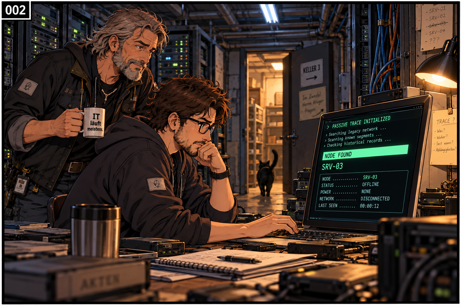 Der passive Trace findet den Knoten SRV-03, obwohl das System ihn gleichzeitig als offline, stromlos und vom Netzwerk getrennt meldet. Yuna verschwindet im Hintergrund durch die Kellertür.