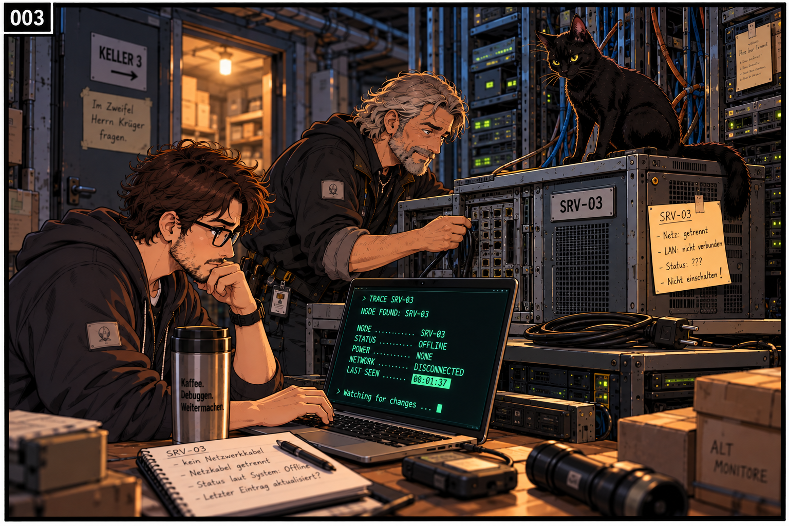 Yuna sitzt auf dem ausgemusterten SRV-03. Der Veteran kontrolliert den sichtbar getrennten Strom- und Netzwerkanschluss, während der Neue auf dem Laptop einen aktuellen LAST-SEEN-Wert sieht.