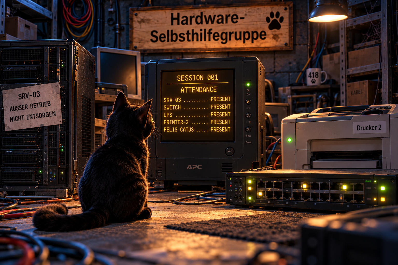 Yuna sitzt vor den ausgemusterten Geräten der Hardware-Selbsthilfegruppe. Auf dem bernsteinfarbenen Display der USV wird SESSION 001 mit fünf anwesenden Mitgliedern angezeigt.