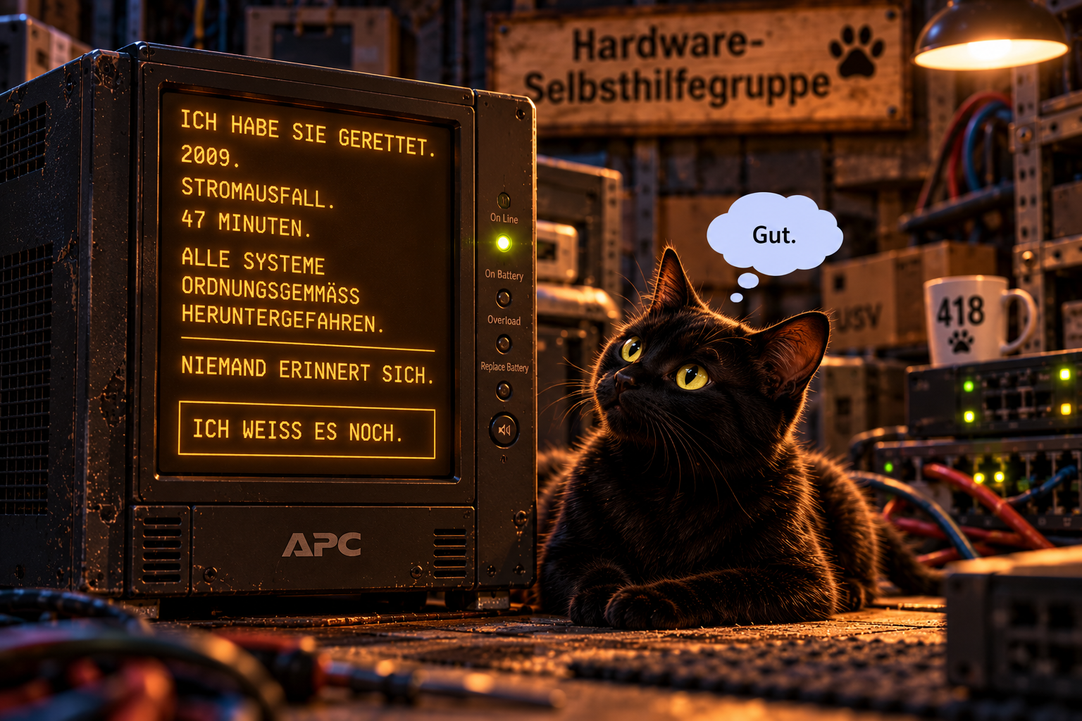 Die alte USV berichtet auf ihrem bernsteinfarbenen Display von einem Stromausfall im Jahr 2009, bei dem sie 47 Minuten lang die Systeme versorgte. Yuna quittiert den Bericht mit dem Gedanken Gut.