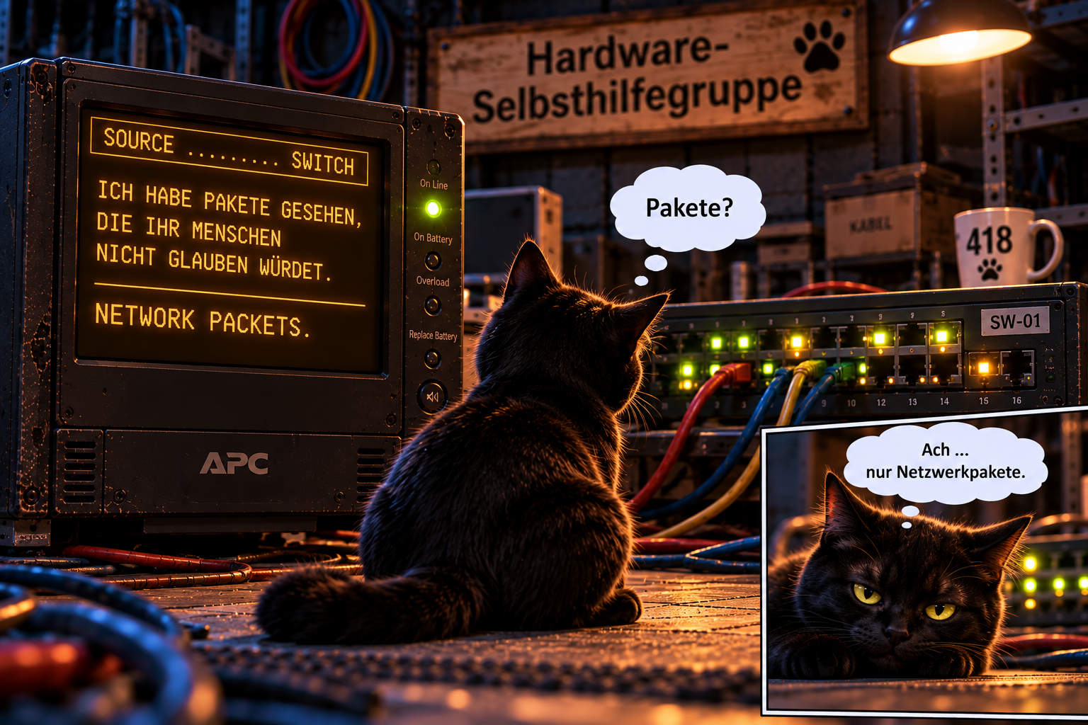 Die USV zeigt einen Beitrag des Switches an, der von unglaublichen Paketen berichtet. Yuna wird bei dem Wort Pakete aufmerksam und verliert das Interesse wieder, als sich herausstellt, dass Netzwerkpakete gemeint sind.