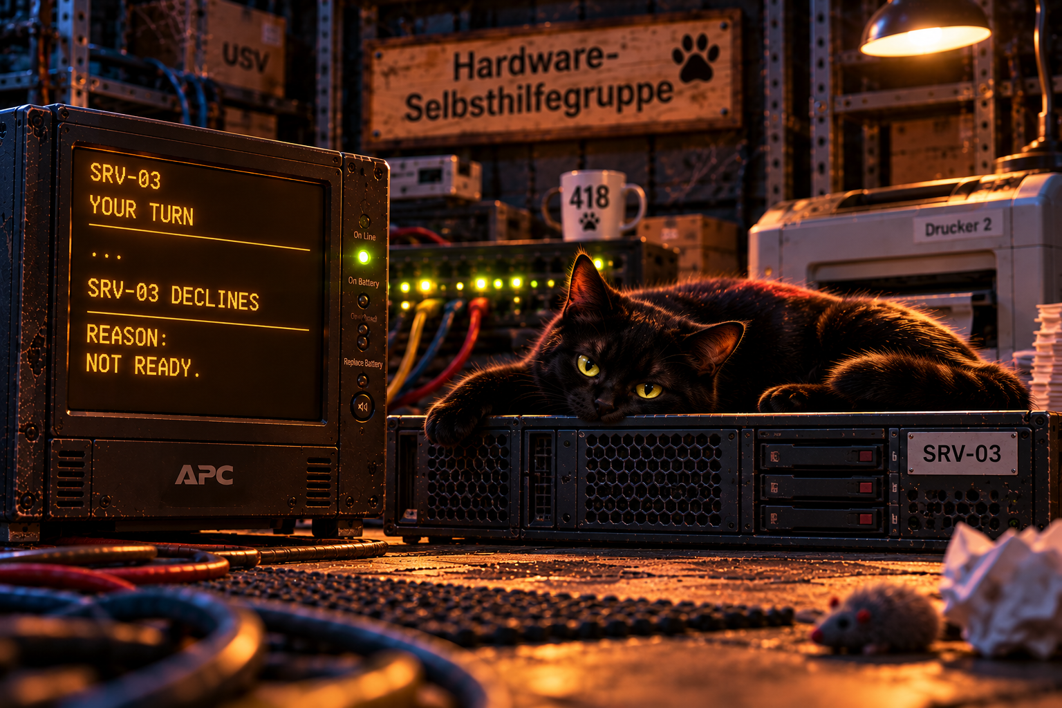 Yuna liegt entspannt auf dem vollständig dunklen SRV-03. Die USV fordert den Server zu seinem Beitrag auf, doch SRV-03 lehnt mit der Begründung NOT READY ab.