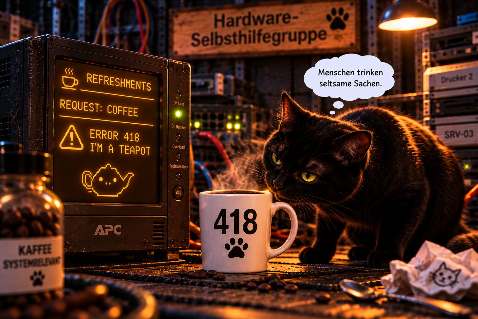 Yuna untersucht den 418-Becher der Hardware-Selbsthilfegruppe. Auf dem bernsteinfarbenen Display erscheint nach einer Kaffeeanforderung ERROR 418 I'M A TEAPOT.