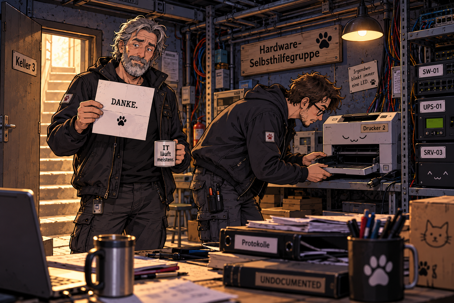 Der Veteran hält am Morgen ein Blatt mit der Aufschrift DANKE in der Hand, während der Neue den weiterhin vollständig getrennten Drucker 2 untersucht.