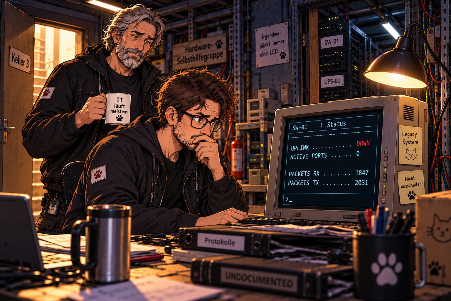 Der Neue untersucht am alten 4:3-Arbeitsplatzmonitor die Statistik von SW-01. Obwohl Uplink und alle Ports inaktiv sind, zeigen die Zähler empfangene und gesendete Pakete. Der Veteran steht mit seiner Kaffeetasse daneben.