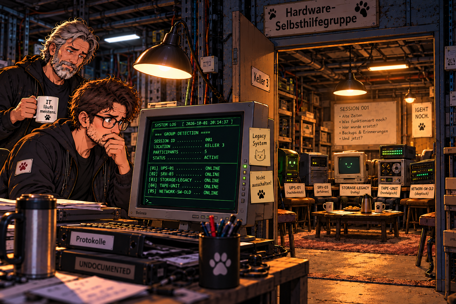 Der Neue und der Veteran betrachten die Ereignishistorie des Legacy-Systems. SESSION 001 weist fünf Teilnehmer aus, während im Hintergrund der Raum der Hardware-Selbsthilfegruppe zu sehen ist.
