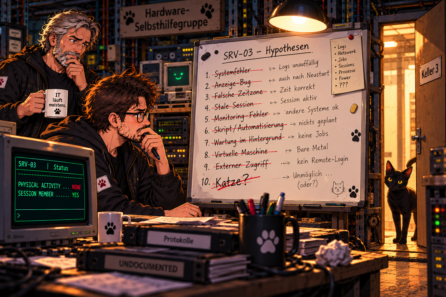 Der Neue und der Veteran stehen vor einem Whiteboard voller technischer Hypothesen zu SRV-03. Der durchgestrichene letzte Punkt lautet Katze, während Yuna völlig unschuldig in der Tür erscheint.