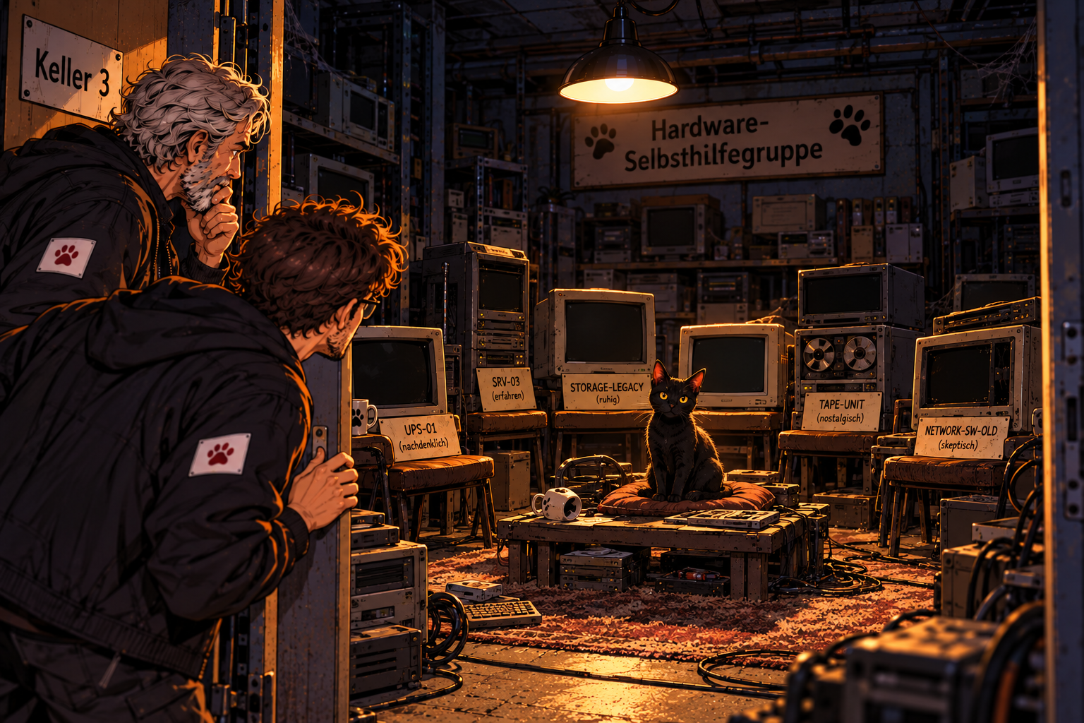 Der Neue und der Veteran stehen in der geöffneten Tür der Hardware-Selbsthilfegruppe. Yuna sitzt völlig unschuldig zwischen den dunklen und offensichtlich stromlosen Altgeräten.
