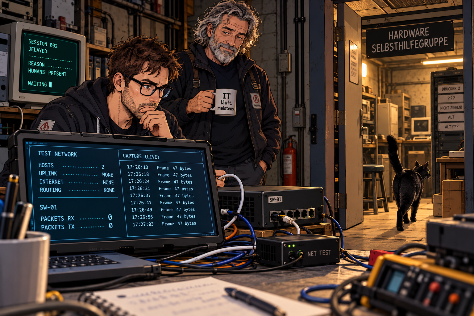 Der Neue überwacht einen vollständig isolierten Versuchsaufbau mit SW-01, während der Veteran mit seiner Kaffeetasse danebensteht. Yuna verschwindet gerade im Nebenraum und erstmals steigen die Paketzähler.