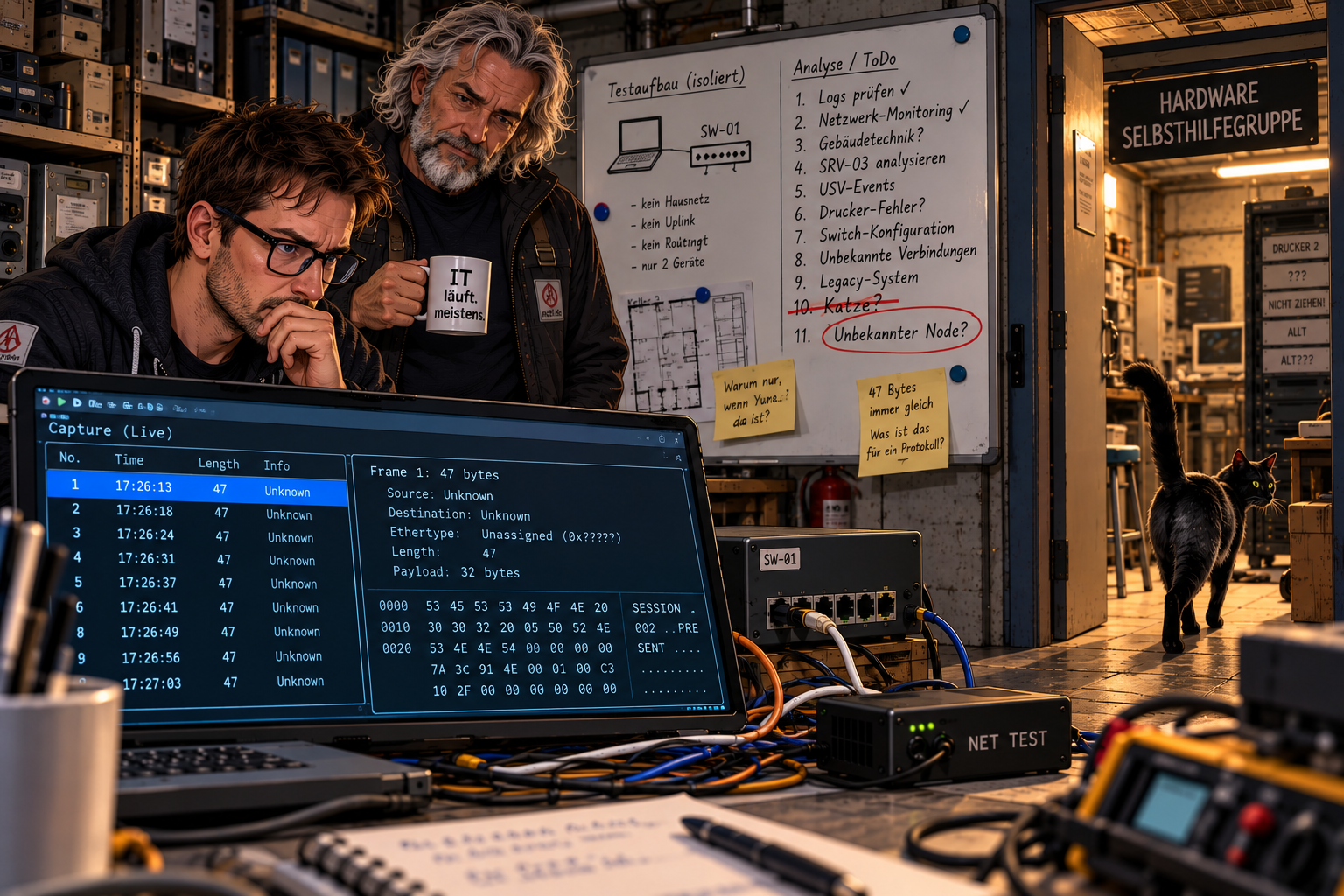 Auf dem zusätzlichen Messgerät untersucht der Neue mehrere ungewöhnliche 47-Byte-Frames. Der Veteran betrachtet das Whiteboard mit dem weiterhin durchgestrichenen Punkt 10 Katze, während Yuna erneut in Richtung Nebenraum läuft.