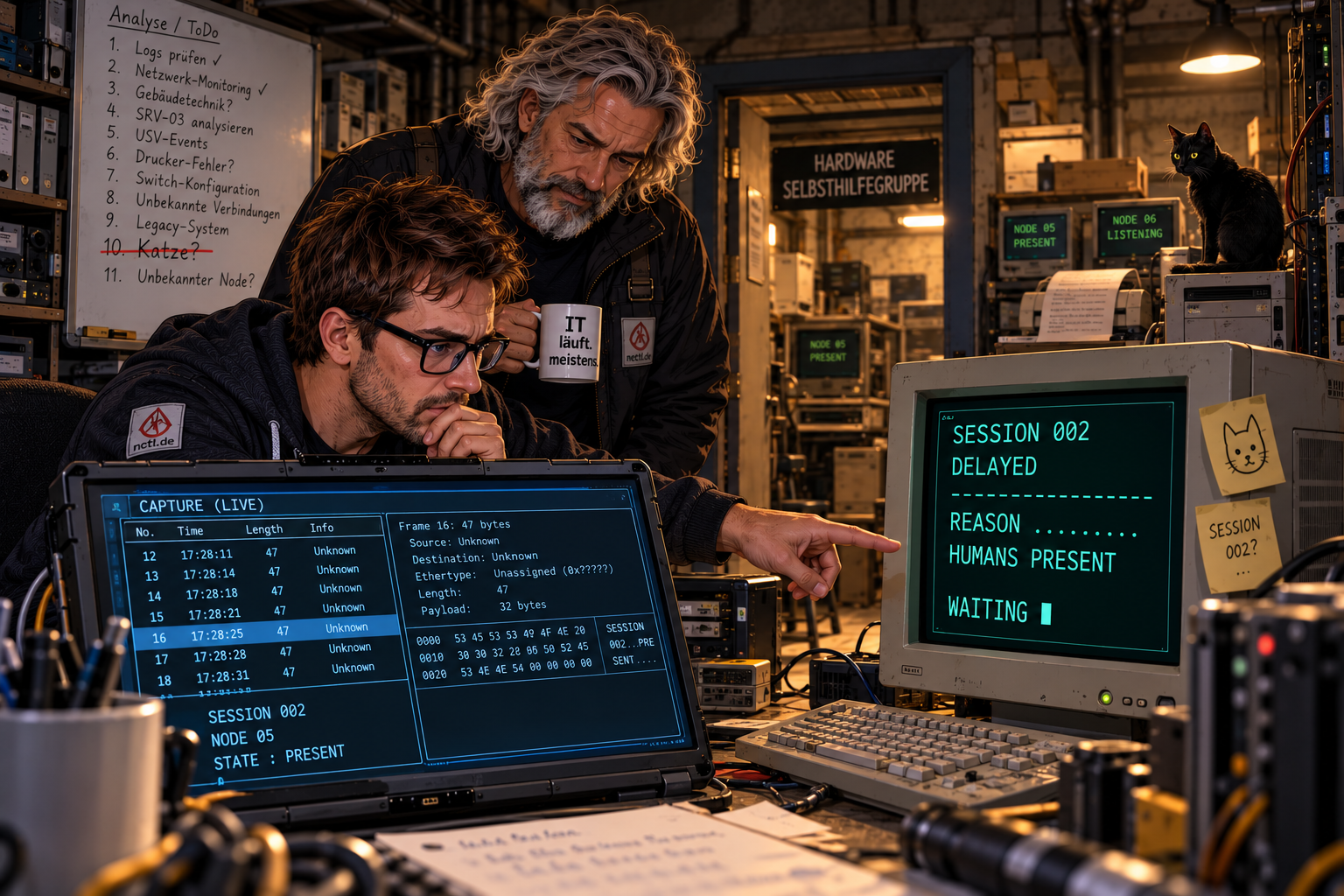 Der Neue und der Veteran vergleichen die Messdaten von SESSION 002 mit der grünen Legacy-Konsole auf dem etablierten alten 4:3-Monitor. Beide Systeme zeigen dieselbe Sitzung, während der Capture Node 05 als anwesend meldet.