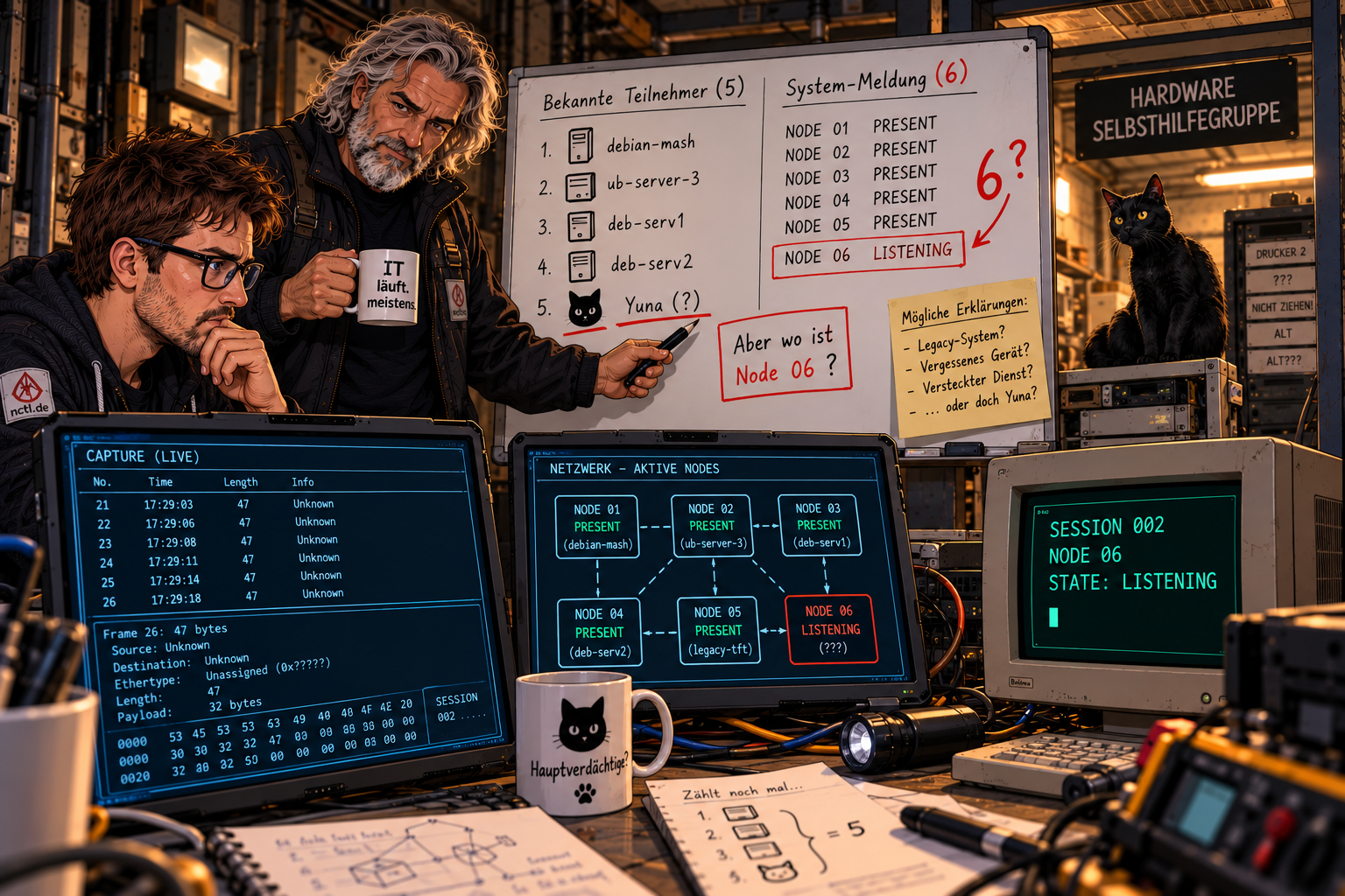 Die Diagnose meldet NODE 06 mit dem Status LISTENING. Der Veteran zählt die fünf bekannten Teilnehmer erneut durch, während Yuna und die bekannte Hardware im Hintergrund zu sehen sind. Ein sechster Teilnehmer ist nirgends erkennbar.