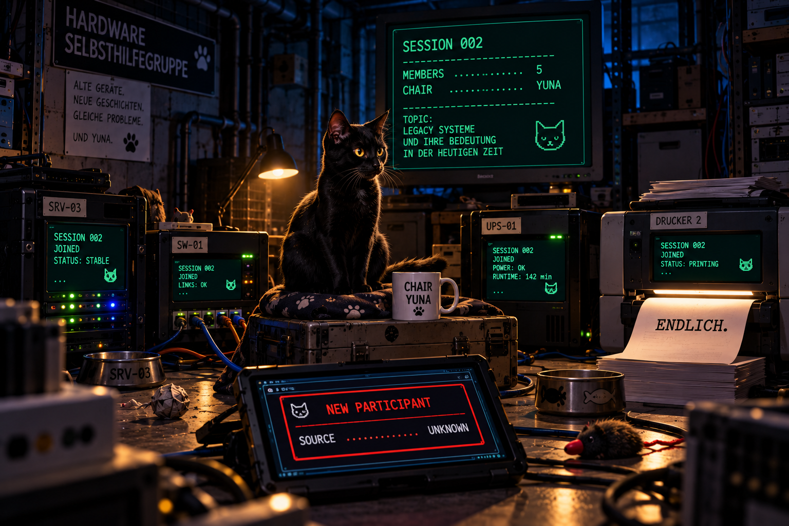 Nachts sitzt Yuna allein zwischen SRV-03, SW-01, UPS-01 und Drucker 2 in der Hardware-Selbsthilfegruppe. SESSION 002 beginnt und die Geräte melden einen neuen Teilnehmer mit unbekannter Quelle.